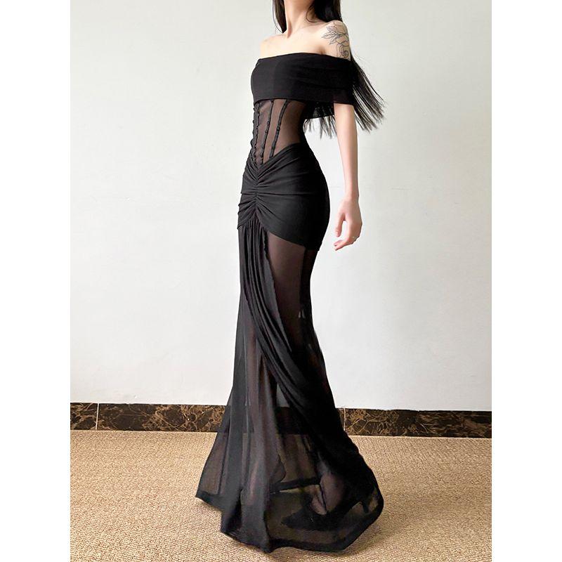 # Sisjuly# All Black Dark Adult Lady like Woman Sheer Mesh Stitching Ruffle Sexy off-Shoulder Dress Women