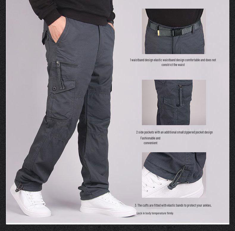Army Green Men's Pure Cotton Outdoor Work Pants: Windproof, Straight Leg, Multi-Pocket, Loose Fit for Mountaineering and Casual Wear.