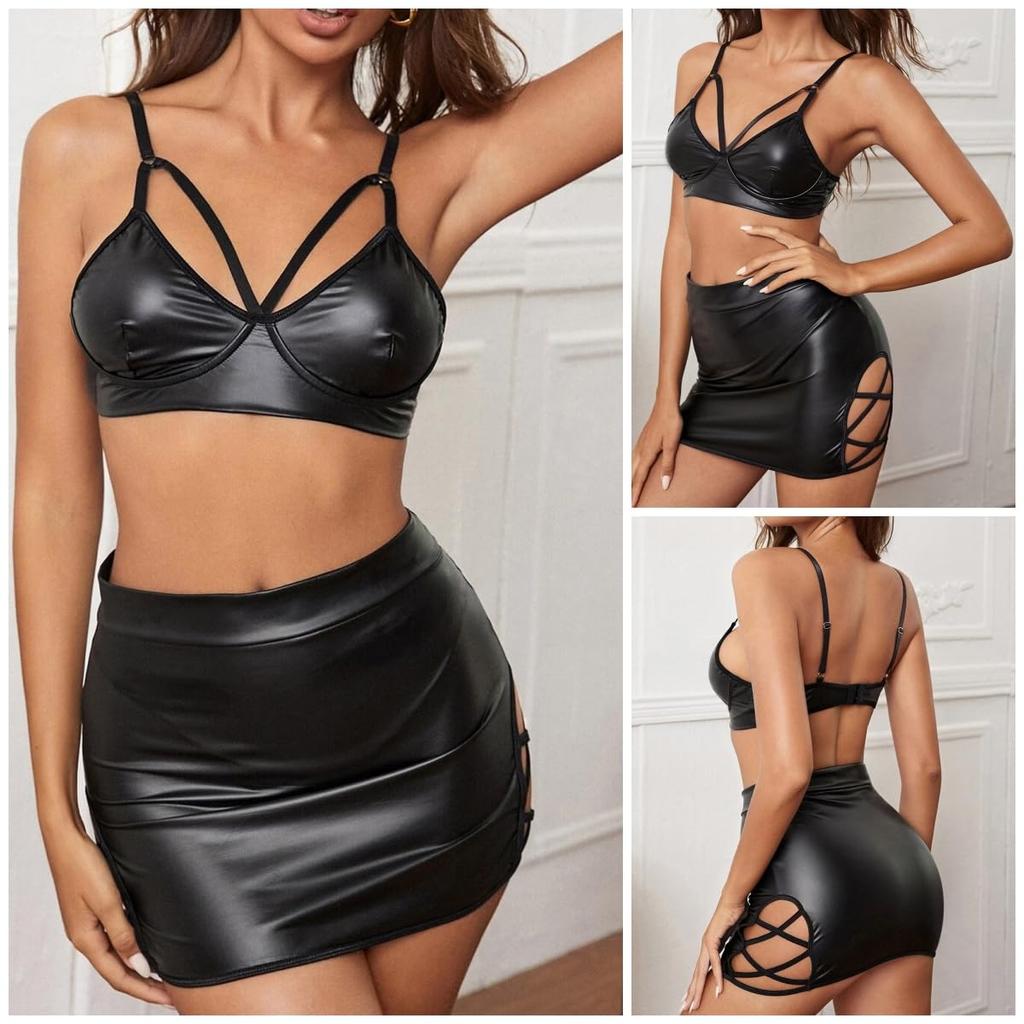 Lenjerie Sexy din Piele cu Curea din Piele Sintetică Negru Mini Sutien Cruciș cu Metal Costum Laffey [Getrays] Fustă de Damă, Top, Set Damă din 2 Piese, Fustă,