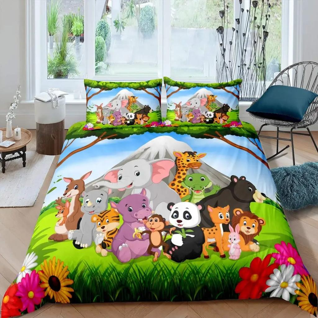 Cartoon Animals Duvet Cover Set King Size Savannah Tropical Forest Jungle Wildlife Bedding Set Kids Zoo Polyester Quilt Cover