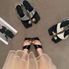 Thick heel and thin personalized set-toed Roman sandals 2025 summer and autumn new square head metal buckle toe slippers