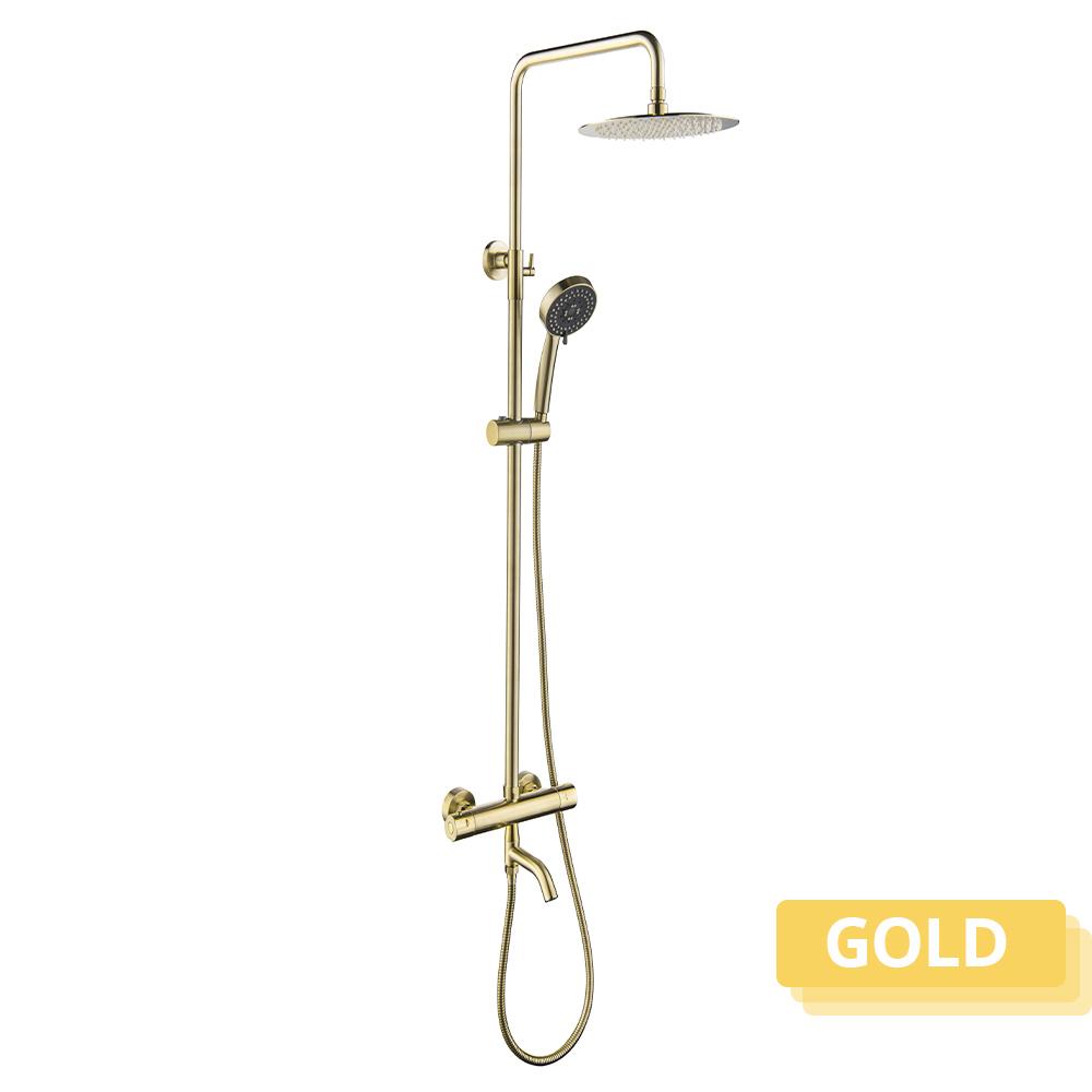 

Термостатическая душевая система с изливом для ванны, цвет - матовое золото, с открытым монтажом, для ванной комнаты, с латунным 3-функциональным клапаном 8 inch золотой