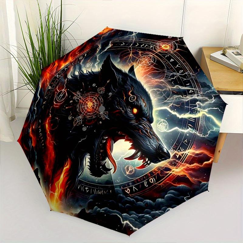 1pc A Fiery Wolf amidst Celestial Symbols Pattern Automatic Umbrella is Fashionable and Good-Looking, Suitable for Travel and Daily UseC014