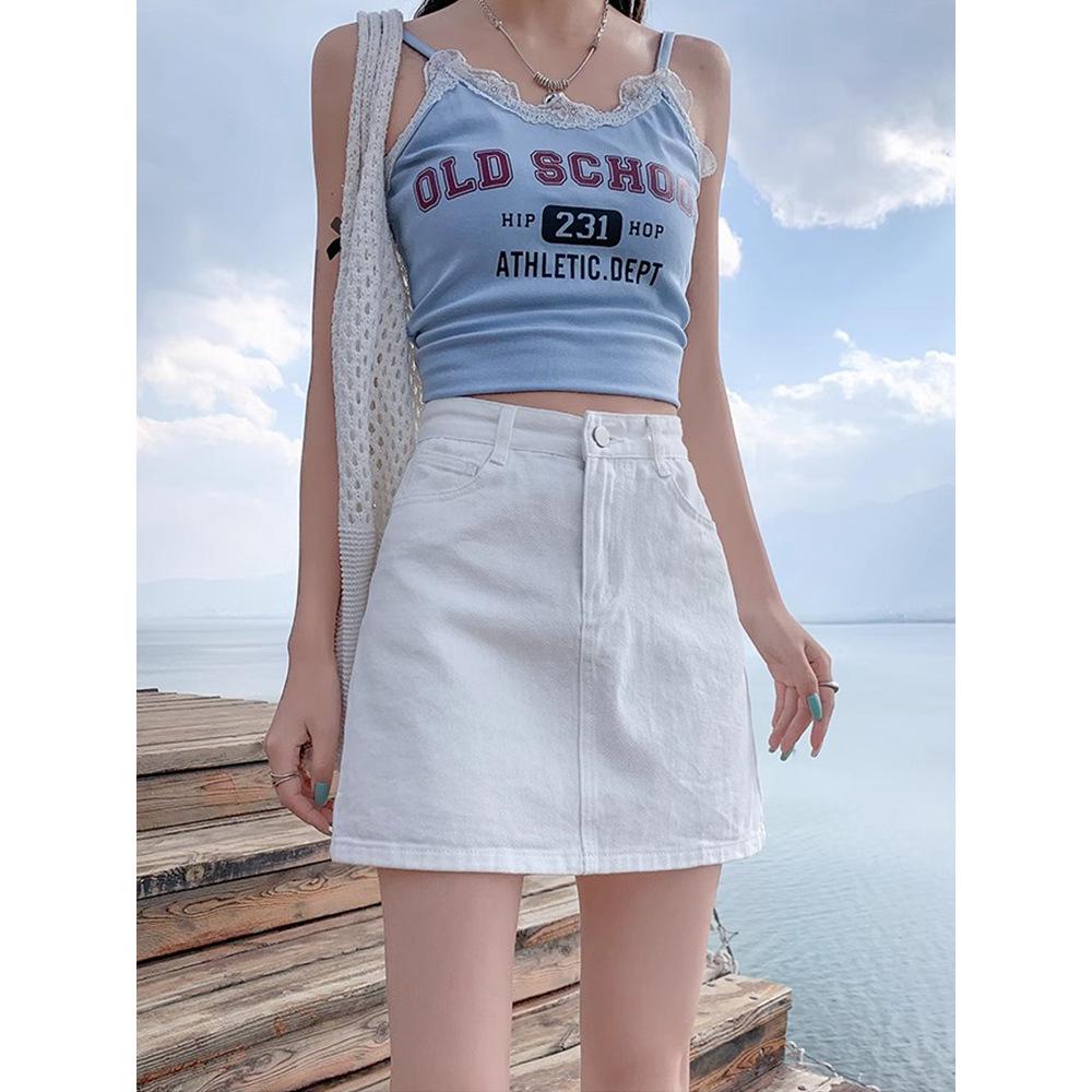 Women's High Waist White Denim Midi Skirt - Summer 2025 A-Line Bodycon Skirt with Anti-Exposure Design