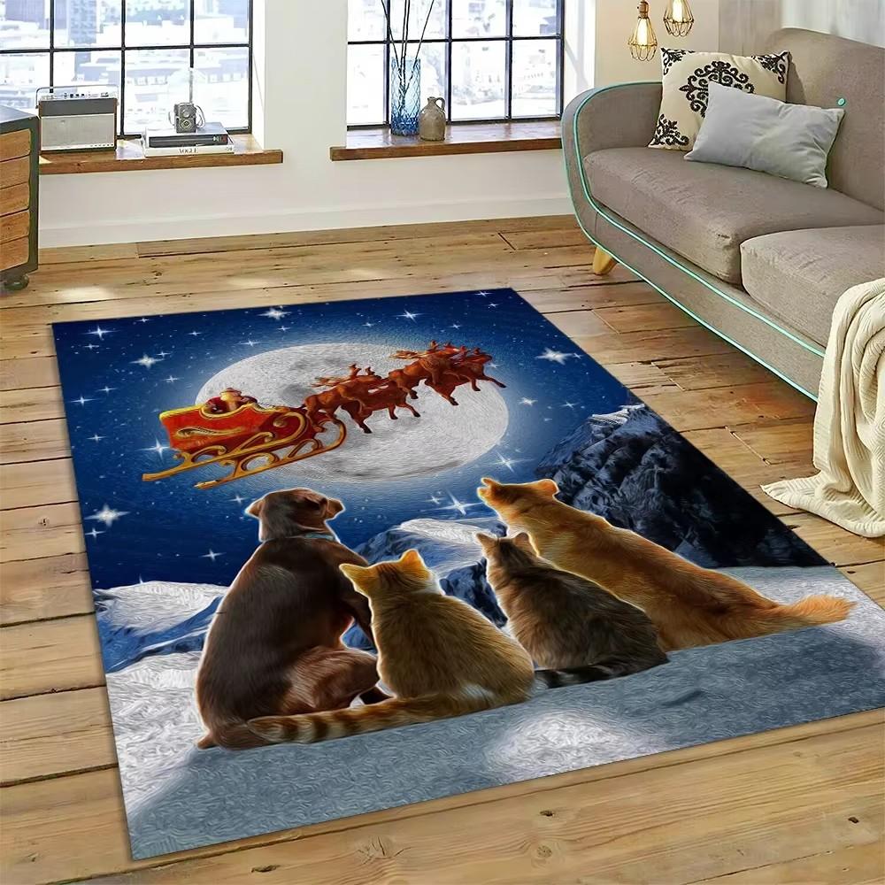 3D Fröhlicher Weihnachtsbaum Weihnachtsmann Cartoon Bereichsteppich Groß, Teppich für Zuhause Wohnzimmer Sofa Fußmatte Dekor, Kinder Rutschfeste Bodenmatte