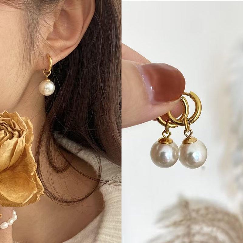 Vintage Pearl Pendant Earrings for Women, 18K Gold-Plated Titanium Steel Studs, High-End Luxury Design