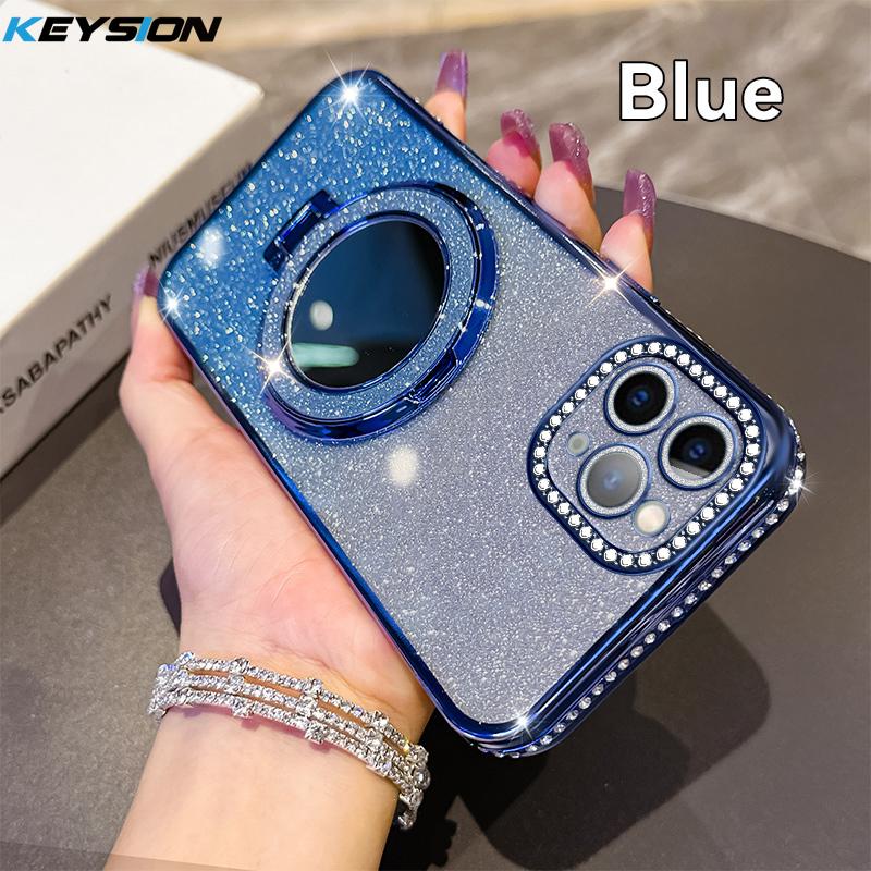 KEYSION Luxury Glitter Jewelled Magnetic Phone Case for iPhone 11 12 Pro Max Makeup Mirror Ring Stand Shockproof Back Cover