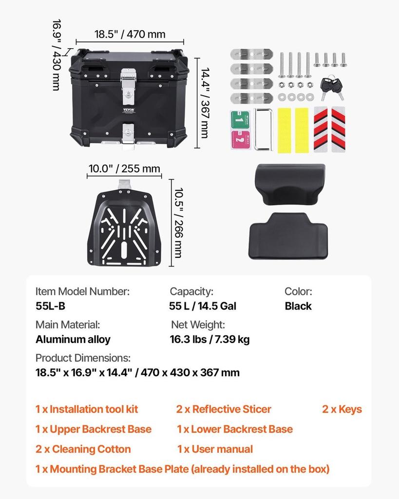 55L Motorcycle Top Case Universal Motorbike Tail Box with Leather Lining