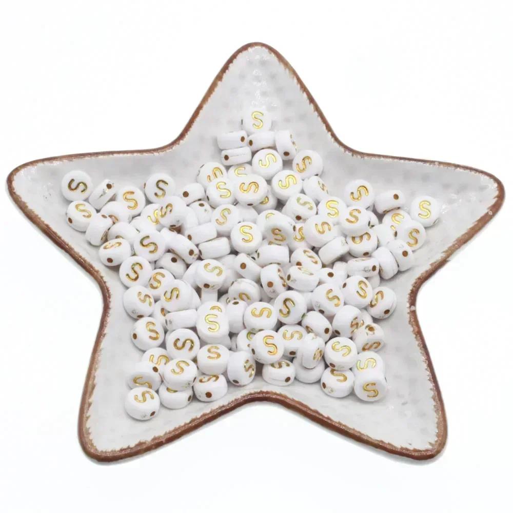 

Acrylic White A-Z 26 Letter Beads Gold Color Round Flat Loose Spacer Alphabet Beads For Jewelry Making Diy Bracelet Accessories 100PCS