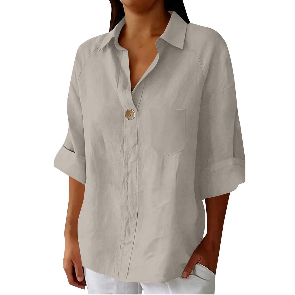 Women's Summer Casual Loose-Fit -Color Top With Collar, V-Neck, And 3/4 Sleeves