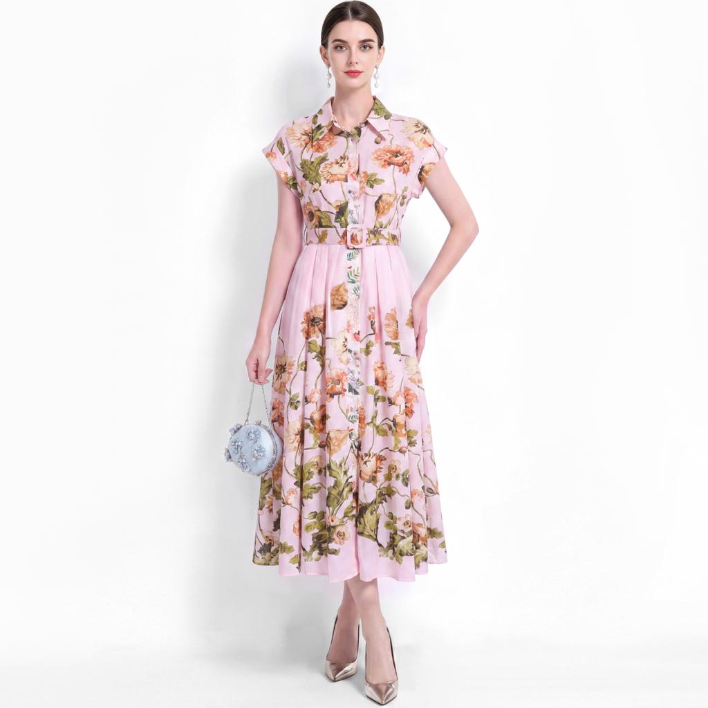 Elegant Floral Print Midi Shirt Dress for Women Summer Cap Sleeve Lapel Button Down Waist Belt A-Line Dress Holiday Outfits