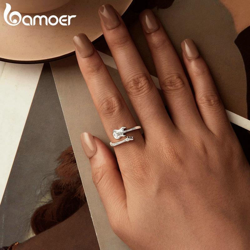 BAMOER 925 Silver Bass Ring for Women Teen Girls, Adjustable Ring with Guitar Shaped CZ Birthday Gifts SCR1042-E