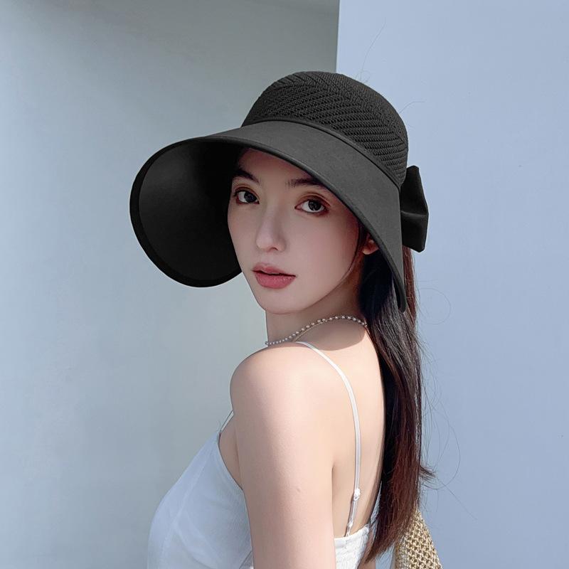 

New empty top sun hat women s summer sun protection sun hat Velcro adjustable breathable hollow knitted large brim Adjustable чорний
