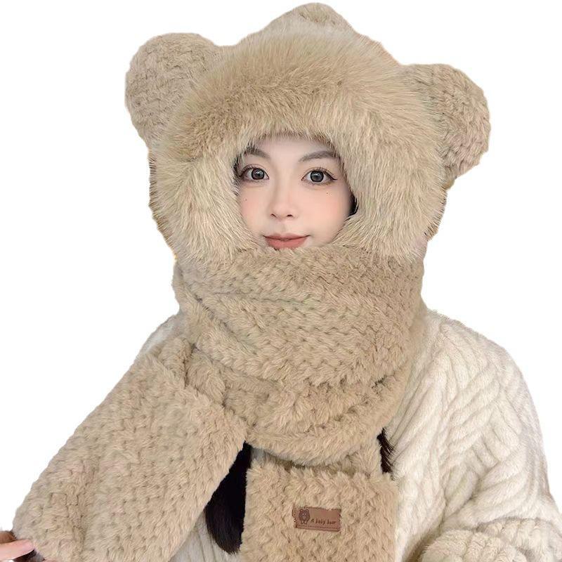 Women's Cute Bear Winter Set: Thick Velvet Hat, Scarf, and Gloves for Warmth.