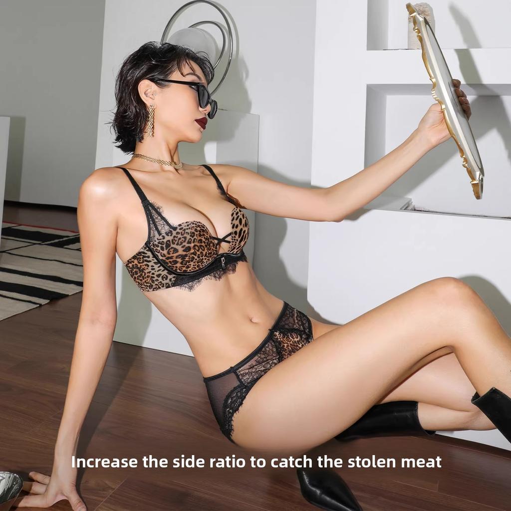 Female Spring Summer Sex Appeal Is Perfect Lace Leopard Grain Small Bosom Shows Big Gather To Prevent Drooping Underwear