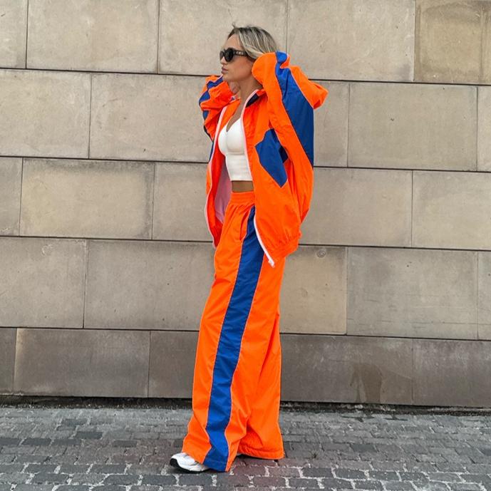 FLARORA Mode Color-Blocking 2-teilige Sets Damen Langarm Reißverschluss Lockere Jacken und Gerade Bein Hosen Outfits Street Trainingsanzüge