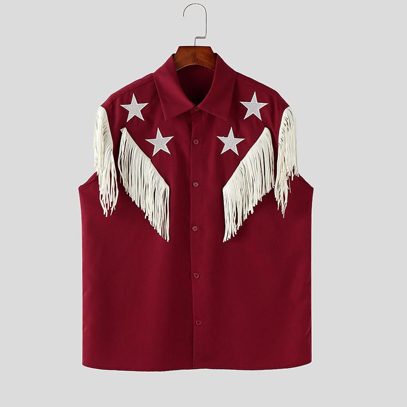 

INCERUN Мужские рубашки без рукавов с лацканами, пэчворком, кисточками и вышивкой, в стиле кэжуал S красный