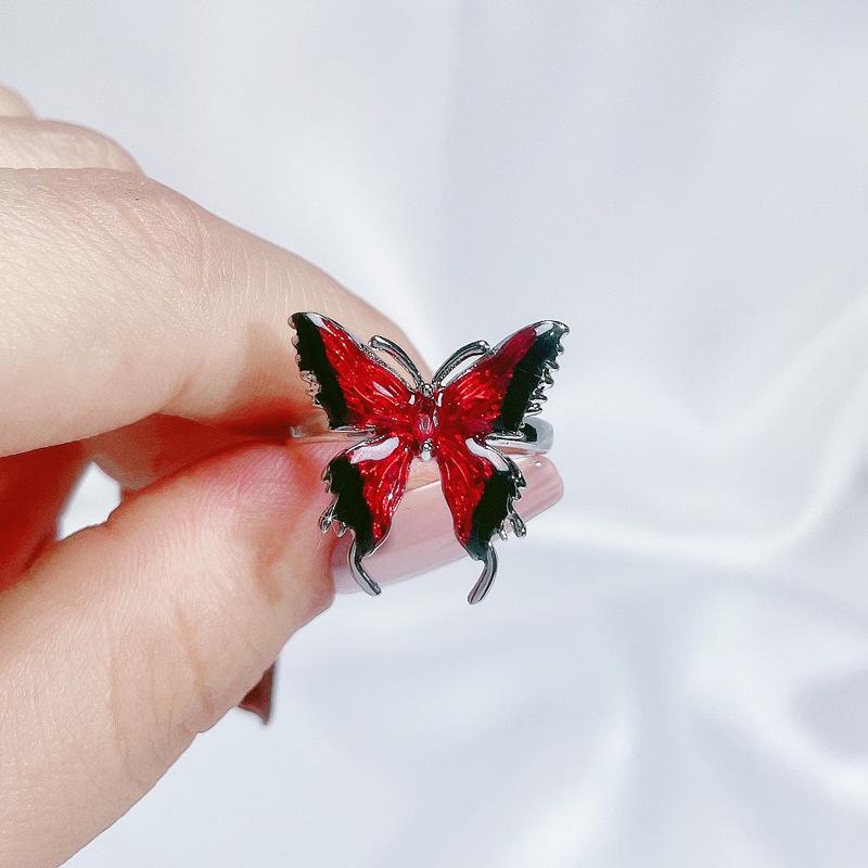 Temperament Niche Exquisite Design Sense Personality Ring Sweet Cool Red Enamel Drip Glaze Butterfly Opening Ring Female