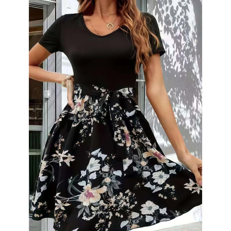 

YYFS Женская мода Лето Весна Цветочный узор Принт Короткие рукава V-образный вырез Высокая талия Повседневные платья XXXL чёрный