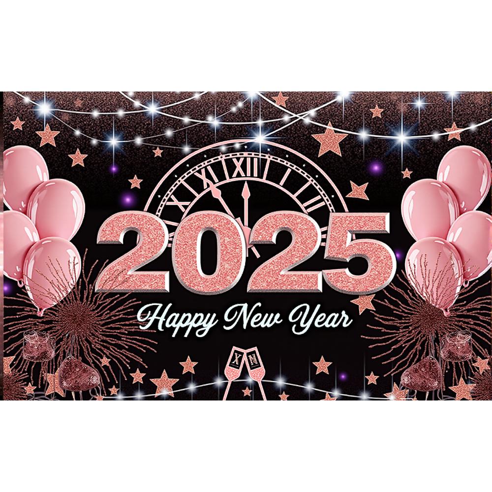 2025 Happy New Year Pink Theme Party Background Clock Balloons Family Party Banner Home Decoration Photography Background New In