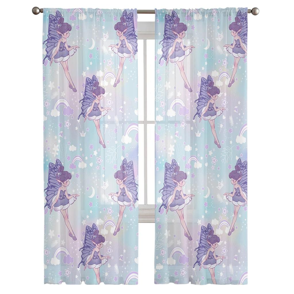 Fairy Rainbow Star Gradual Cloud Crown Bedroom Transparent Sheer Curtains Holiday Decoration Window Voile Tulle Curtain