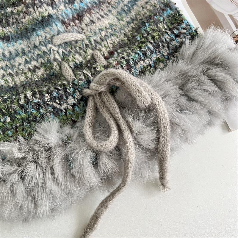Niche Mixed-color Rabbit Rough Edge Warm Big Head Circumference Knitted Hat Women's New Autumn and Winter Design Sense Strap Headgear