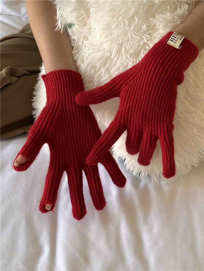 Korean version of Ji Academy style thickened knitted gloves women s versatile high-sense five-finger warm and cold-proof wool sleeves