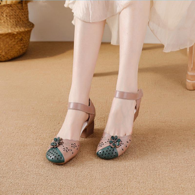 2025 Summer Genuine Leather Shoes Gladiator Sandals Women 4cm High Heels Classic Black Round Toe Hollow Ladies Sandals