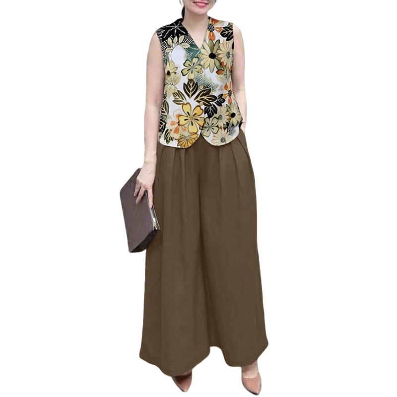 

ZANZEA Женские топы-майки с принтом и брюки с широкими штанинами Летние костюмы-двойки 5XL коричневый