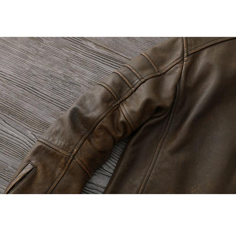 Chinese Size Men Leather Jacket Style Brown Genuine Cowhide Coat Soft Slim Fit Spring Vintage