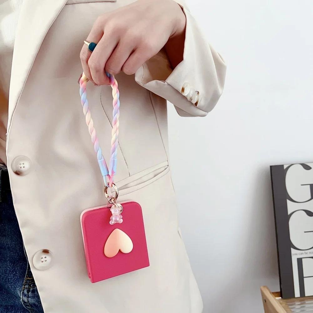 Luxury Candy Color 3D Love Heart Matte Phone Case for Samsung Z Flip 7 6 5 Gradient Bear Wristband Lanyard Shockproof protect Cover Samsung Flip7