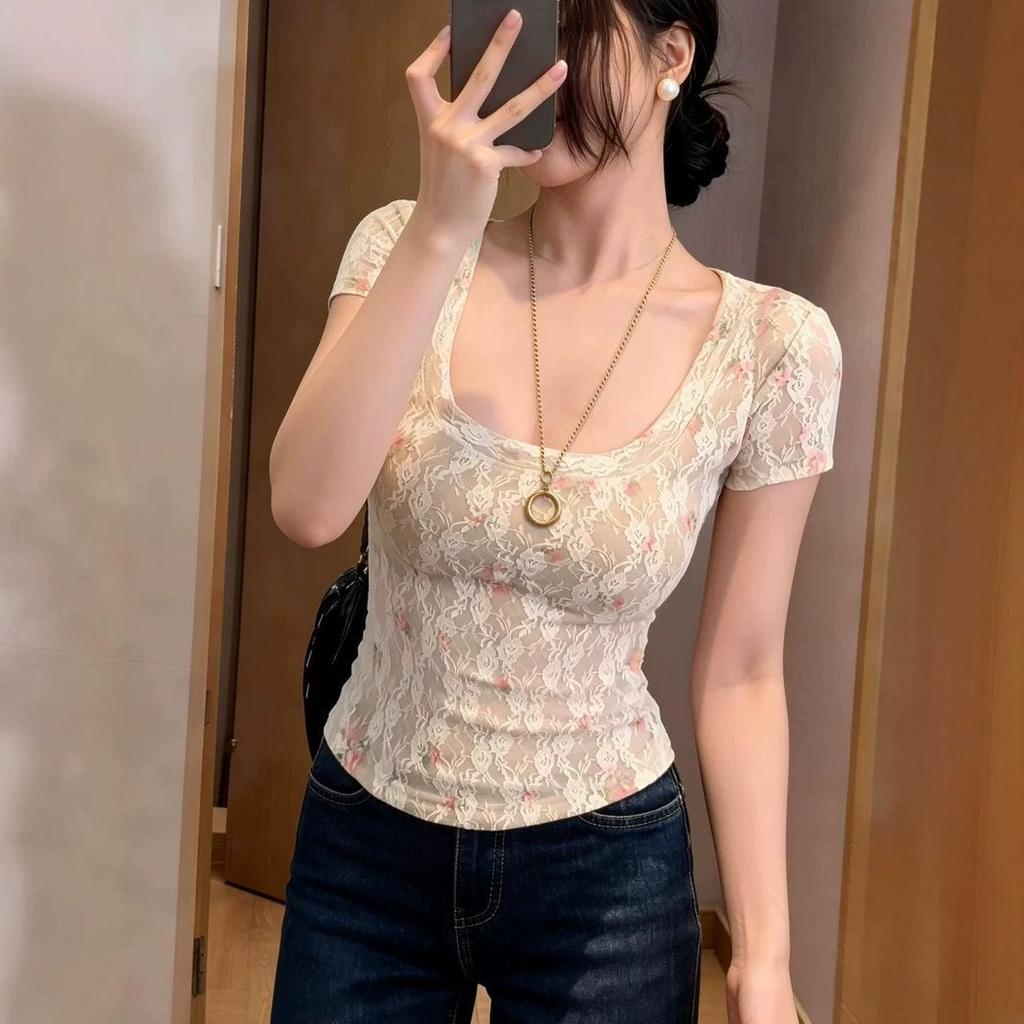 Pure desire Spice Girl big u-neck lace floral front shoulder short-sleeved T-shirt women's summer new slim-fitting short top
