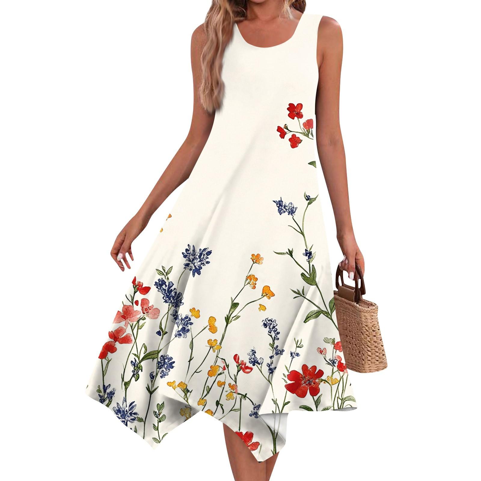 Women s Casual Fashion Round Neck Sleeveless Print Irregular Hem Midi Dress Hem Midi Dress L