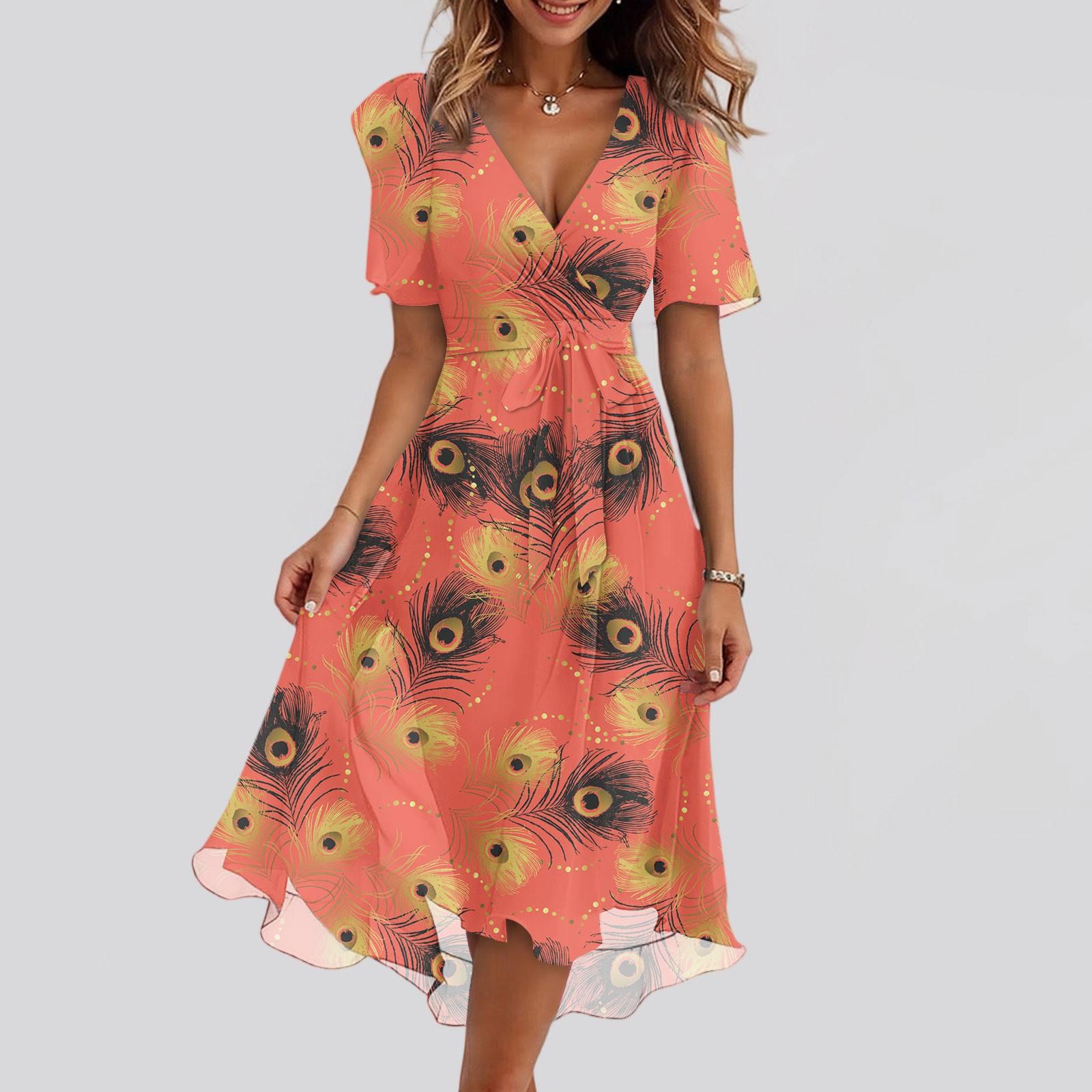 

Женский летний повседневный сарафан миди с принтом, запахом, V-образным вырезом, оборками, капюшоном, короткими рукавами, поясом, А-силуэтом и оборкой по подолу L