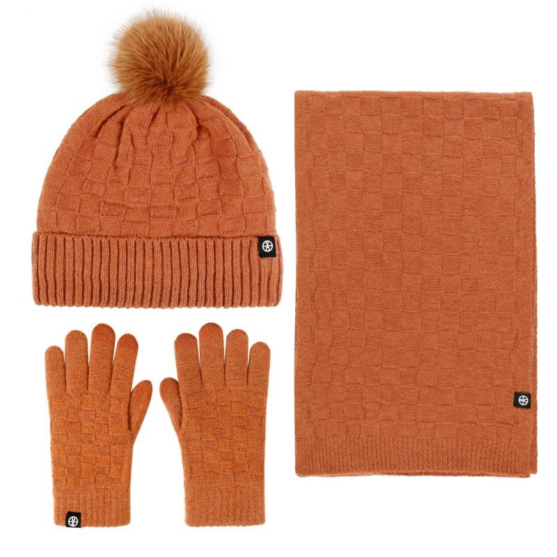 Winter warm scarf three-piece set outdoor cold-proof plush ball knitted hat scarf gloves 3-piece set