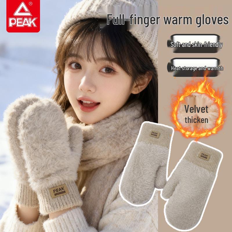 PEAK Women s Plush Double-Layer Winter Mittens: Warm, Windproof, Cold-Proof, Trendy Cycling Gloves