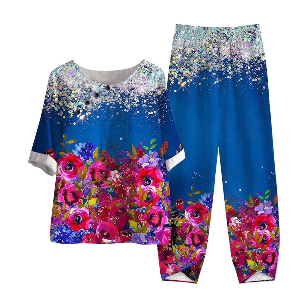 Women's Summer Half Sleeve Printed Tops Elastic Waist Nine Piece Pants Two Piece Set