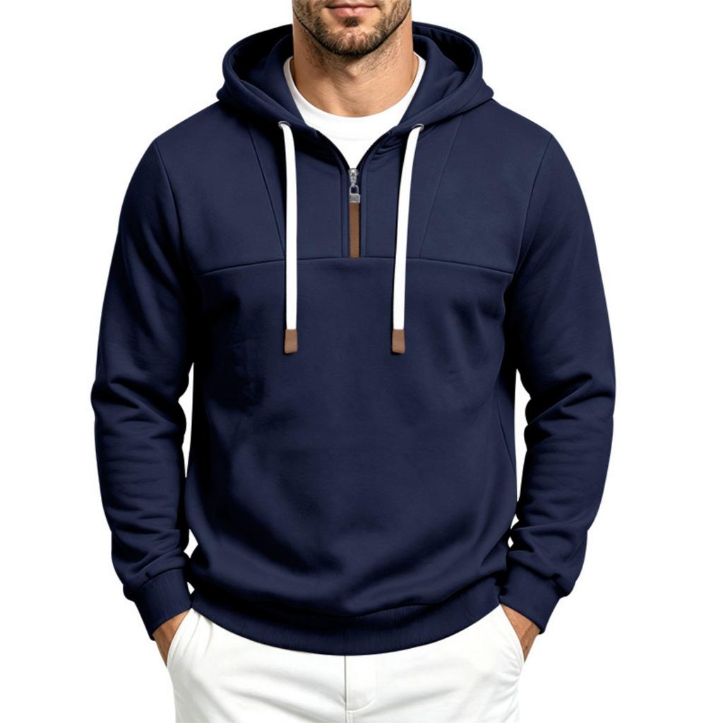 Men's Lined Half Zip Hoodie Colorblock Loose Fit Hooded Sweatshirt