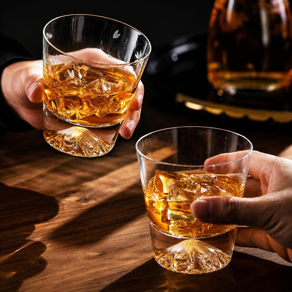 Batone Fuji Glass Cups 270ml Cherry Blossom Cut Glass Rock Glasses Pair Set Handcrafted by Artisans In a Paulownia Wood Box Suitable for Whiskey