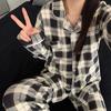 Plaid Long Sleeve Pajama Set with Pants – Spring & Autumn Style, Comfortable Home or Dorm Wear, Suitable for Outdoor Use