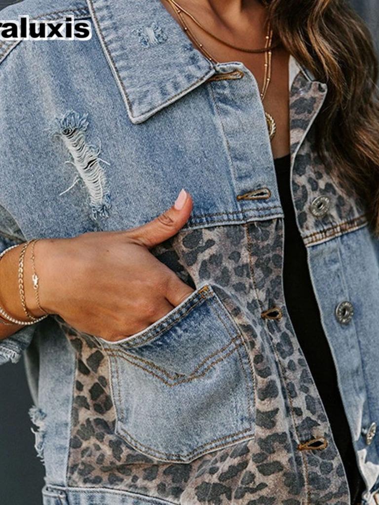 Fall Winter Women's Denim Jacket Long Sleeve Leopard Print Patchwork Coat