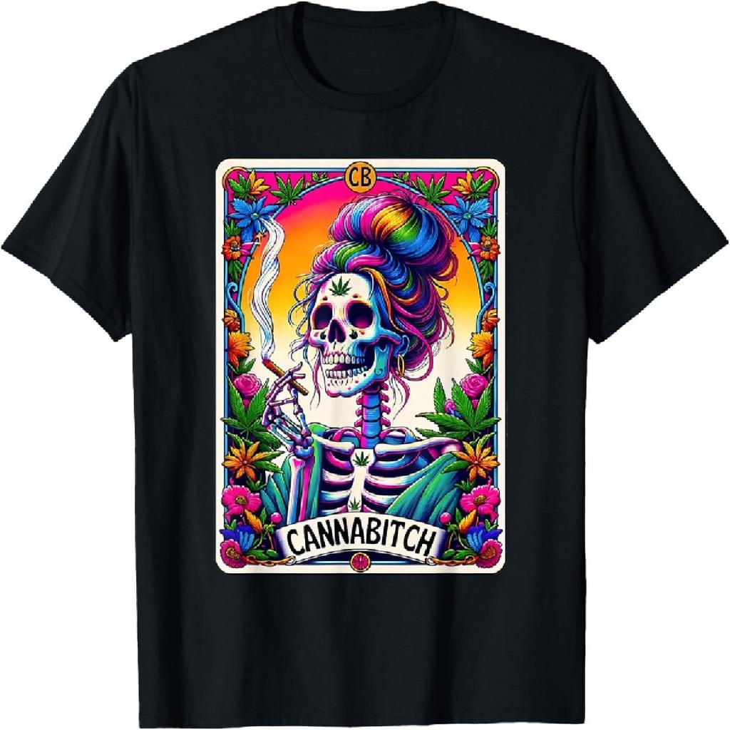 Cannabitch For Stoners Weed Smoker Skeleton Retro Tarot Card T-Shirt