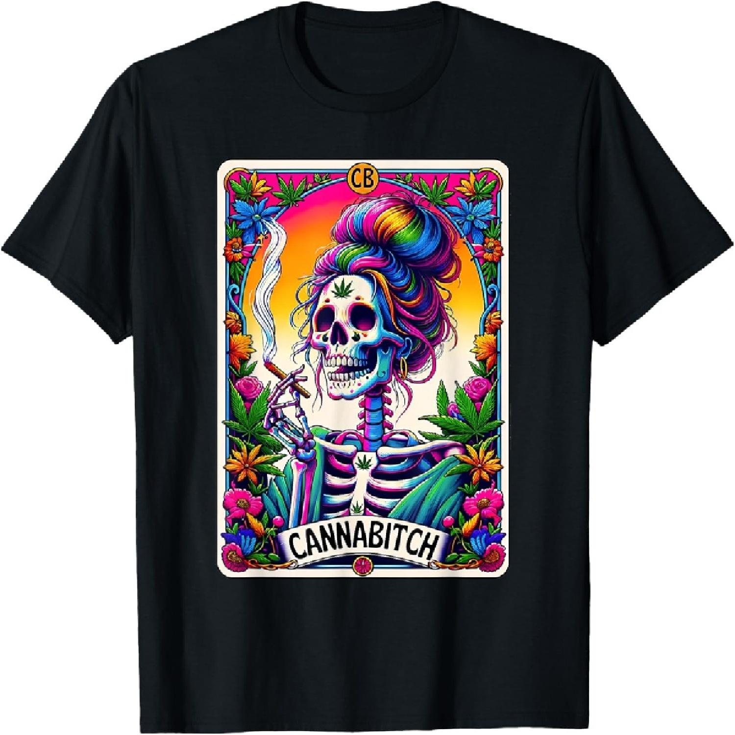 Cannabitch For Stoners Weed Smoker Skeleton Retro Tarot Card T-Shirt S