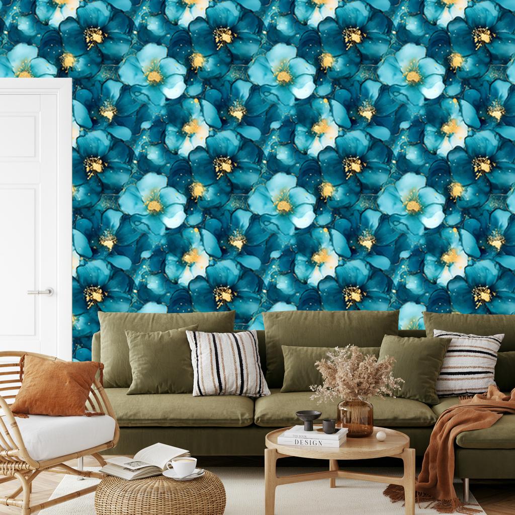 Ink Wallpaper Turquoise, Celadon and Navy Blue for Living Room and Bedroom 50x1000