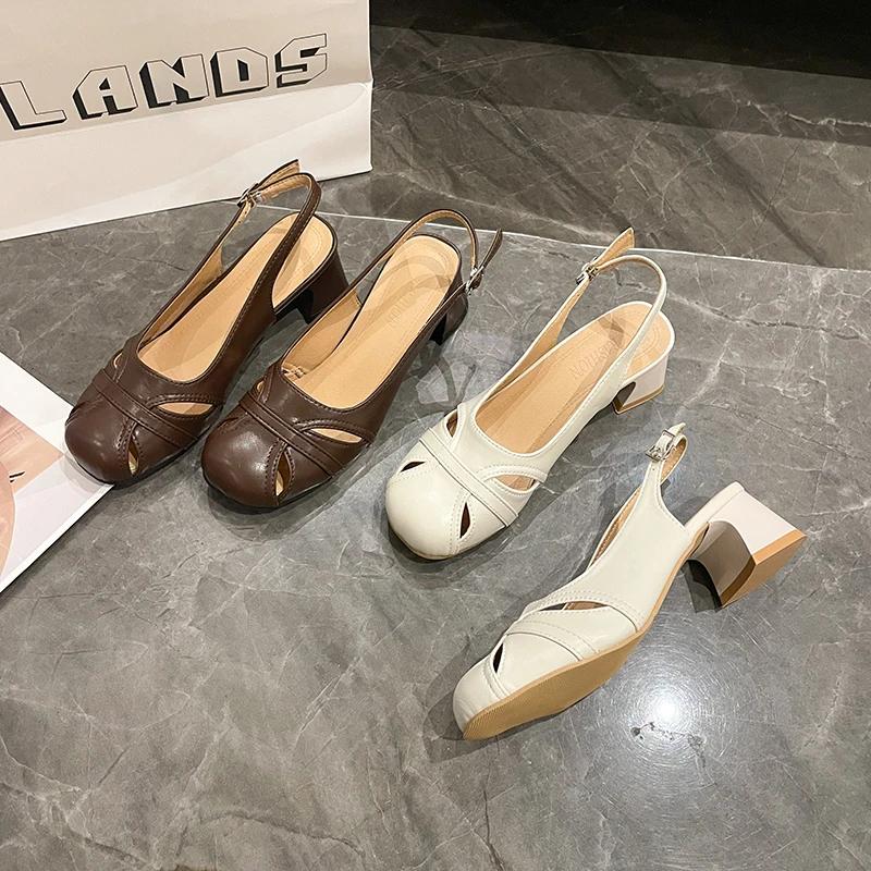 Fashion Summer Shoes Genuine Leather Sandals Casual French Retro Round Toe Hollow Out Gladiator Sandal Womens Thick Heel Shoe