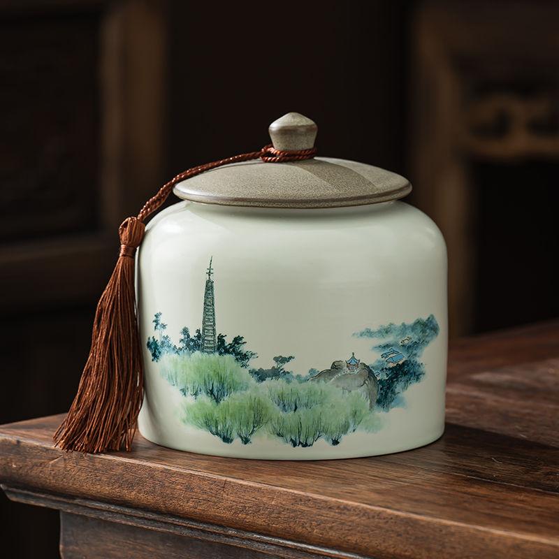 Vintage Mountain Scenery Pattern Ceramic Tea Caddy Moisture Seal Nut Candy Storage Jar Ink Ceramic Storage Bottle Art Decoration