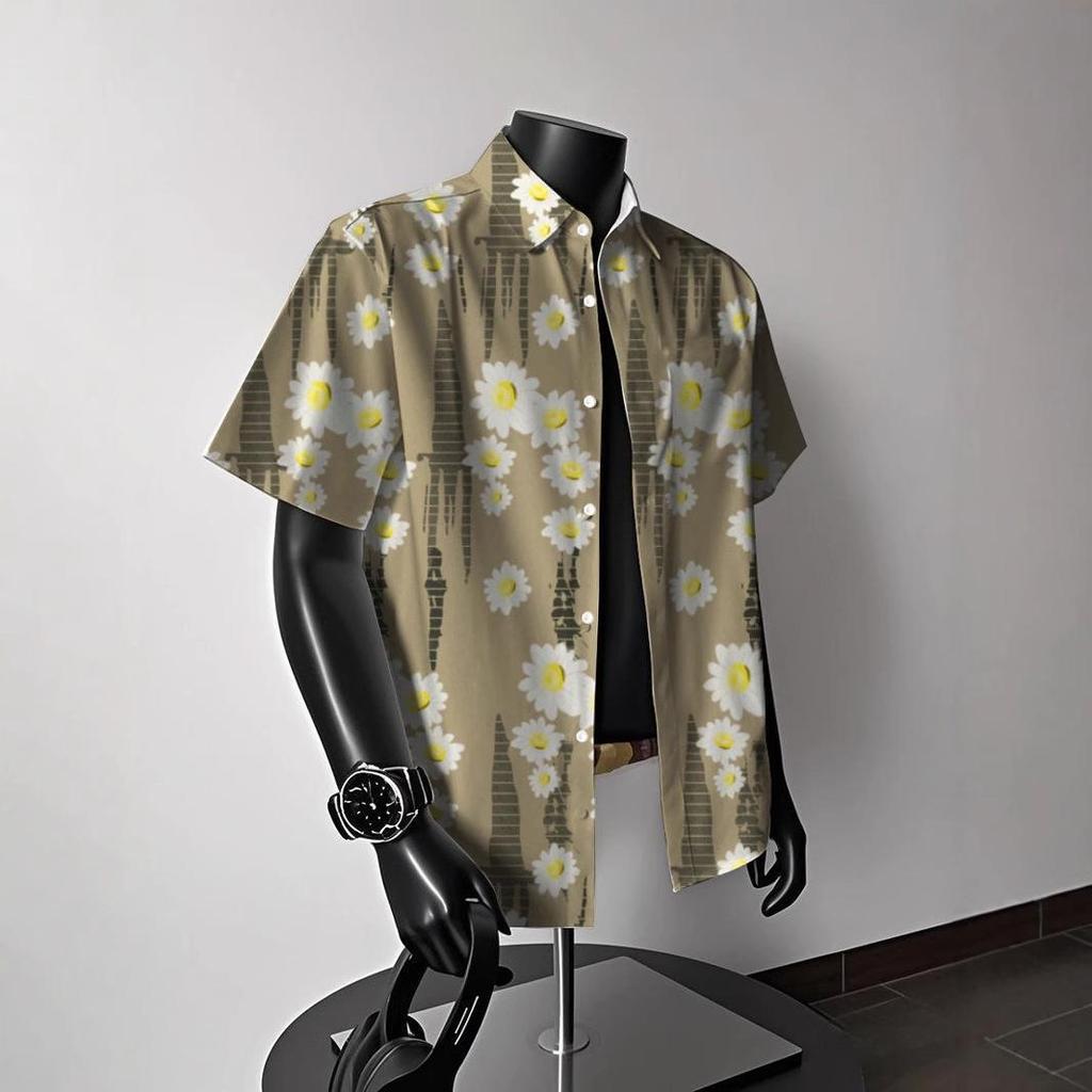 Men's Vintage Hong Kong-Style Hawaiian Floral Short-Sleeve Shirt: Trendy Summer Beachwear for Couples