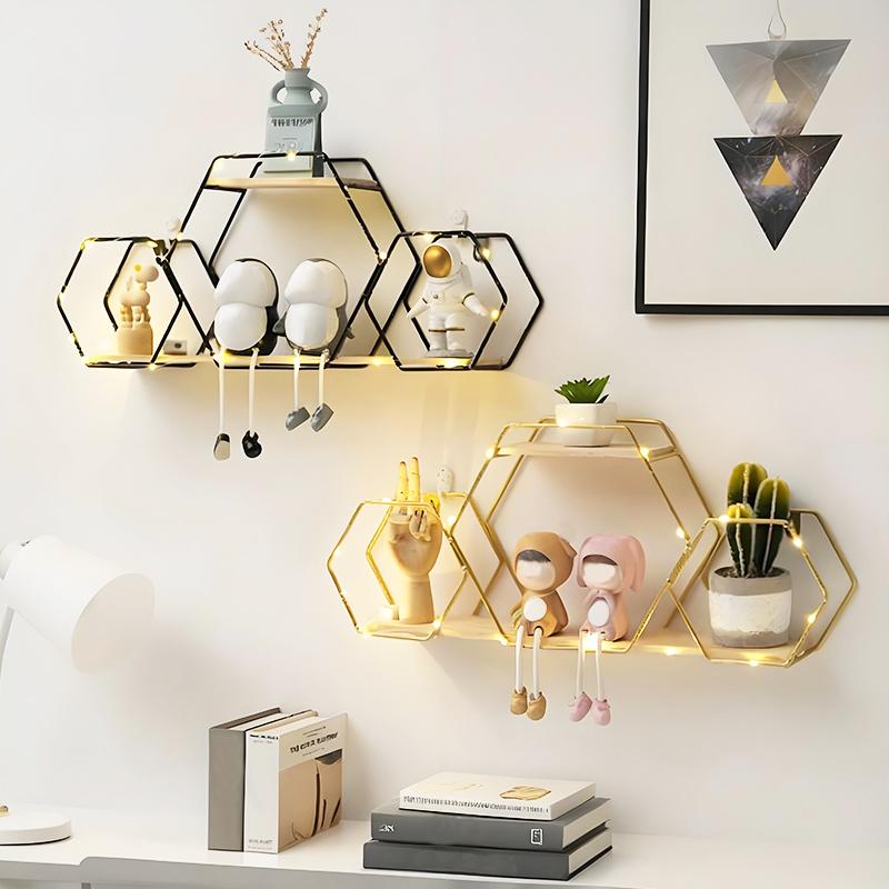 1PC Iron+Wood Space-Saving Wall-Mounted Durable No-Drill Easy-Install Storage Rack Decorative Shelf Easy-Install Wall Sturdy