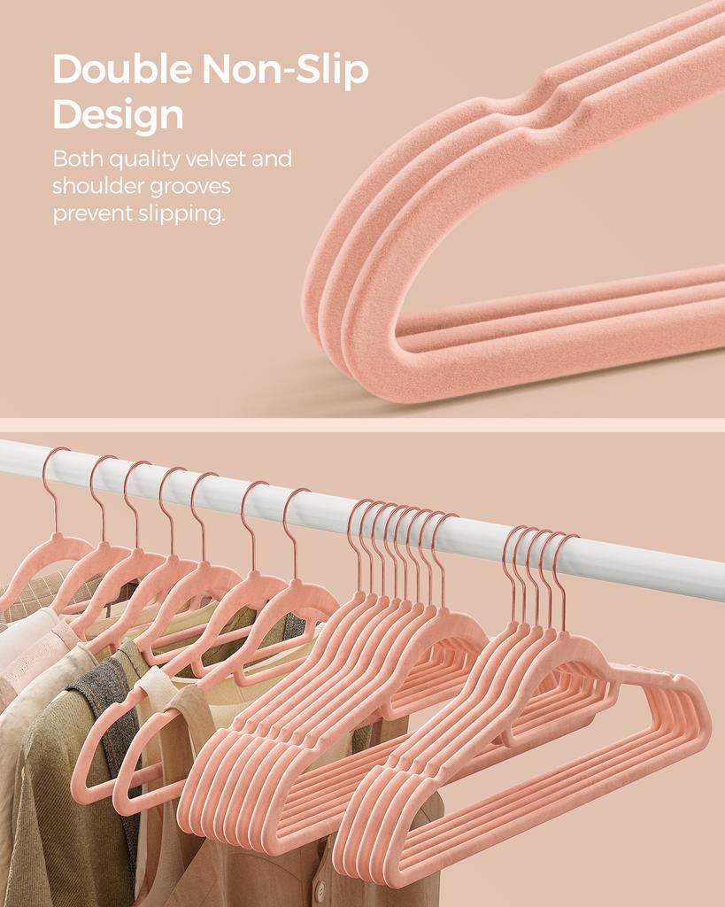 SONGMICS Velvet Hangers, Set of 30 Clothes Hanger with Rose Gold Swivel Hook, Non-Slip, and Space-Saving, 0.2-Inch Thick