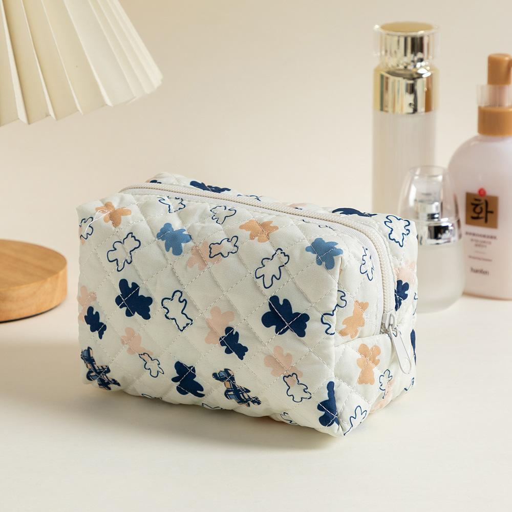 Pink Flower Printed Puffy Quilted Zipper Makeup Bag Storage Organizer Toiletry Handbag Cosmetic Pouch Large Travel Cosmetic Bag